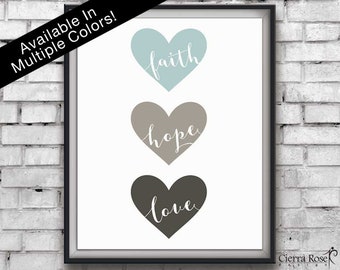 Faith Hope Love Print, Blue Print, Heart Print, Christian Quote, Faith, Hope, Love, Bible Verse, Family Home, Instant Download, Bible Saying