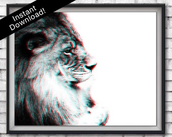 Impresión de león en 3D, obra de arte estereoscópica en 3D, efecto 3D, arte retro, póster hipster, anaglifo 3D, arte pop, visión 3D, arte pop, impresión moderna,