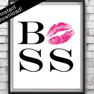 Hot Pink Lipstick Boss Print, Lady Boss Print, Motivational Print, Lipstick Kiss, Office Decor, Hot Pink, Entrepreneur Gift, Fashion Prints