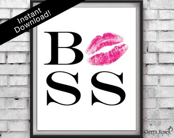Hot Pink Lipstick Boss Print, Lady Boss Print, Motivational Print, Lipstick Kiss, Office Decor, Hot Pink, Entrepreneur Gift, Fashion Prints
