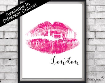 Hot Pink Lipstick London, Hot Pink Lipstick Print, London Print, Skyline Print, Hot Pink Print, Office Decor, Teen Room Decor, Bedroom Decor