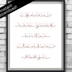 May include: Printable wall art featuring the names of five cities in pink lettering with black outlines: Paris, New York, Milan, London, and Tokyo.