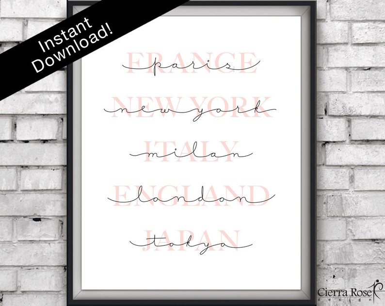 May include: Printable wall art featuring the names of five cities in pink lettering with black outlines: Paris, New York, Milan, London, and Tokyo.