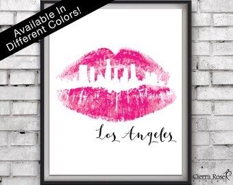 Lápiz labial rosa caliente Los Ángeles, Impresión Skyline, Impresión de viaje, Lápiz labial rosa caliente, Sala de maquillaje, Impresión de moda, Decoración del dormitorio, Descarga instantánea