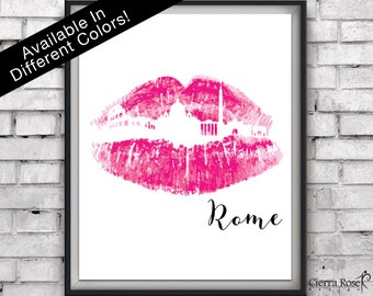 Hot Pink Print, Rome Skyline, Lipstick Art, Makeup Prints, Rome, Travel Decor, Bedroom Decor, Office Decor, Fashion Prints, Digital Download