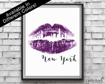 Purple Lipstick New York, NYC Print, Skyline Print, Travel Print, Kiss Art, Makeup Room, Office Decor, Bedroom Decor, Instant Download