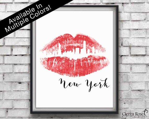 Pink Lipstick New York City Art Print Skyline Print Travel Print Kiss Art Makeup Room Office Decor Bedroom Decor Instant Download