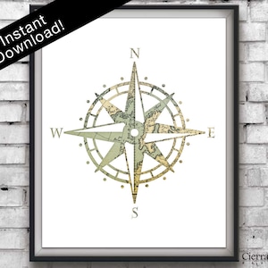 Kompaskaart afdrukken, vintage kaart afdrukken, reiskunstwerk, kompaskunstwerk, Wanderlust prints, reisdecor, instant download, nautisch decor