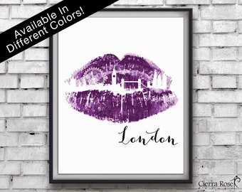 Purple Lipstick London, London Print, Skyline Print, Travel Print, Kiss Art, Makeup Room, Office Decor, Teen Room Decor, Instant Download