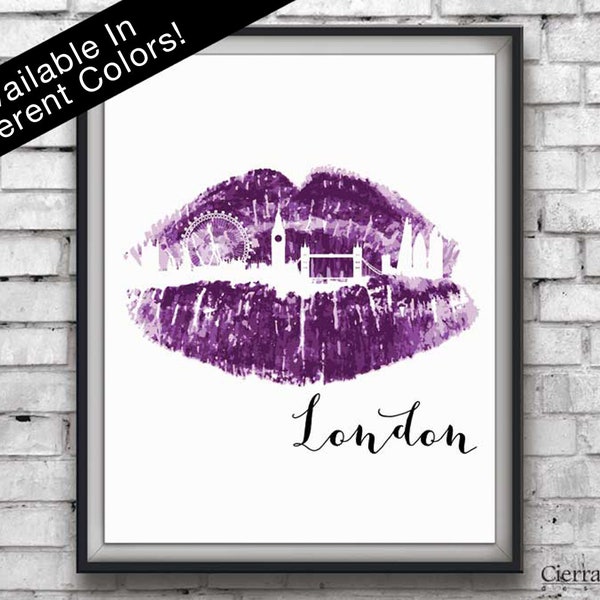 Rouge à lèvres violet Londres, London Print, Skyline Print, Travel Print, Kiss Art, Makeup Room, Office Decor, Teen Room Decor, Téléchargement immédiat