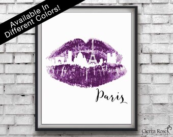 Purple Lipstick Print, Paris Print, Skyline print, Travel Print, Kiss Art, Makeup Room, Office Decor, Bedroom Decor, Modern Print, Lipstick