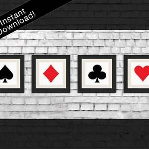 Naipes de cartas de jogar, estampa quadrada, cartas de jogar, estampa moderna, estampa de jogo, copas, espadas, diamantes, tacos, estampa de jogos de azar, pôquer, pôsteres de cartas
