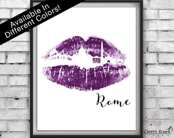 Purple Print, Rome Skyline, Travel Print, Fashion Print, Lipstick Art, Office Decor, Bedroom Artwork, Purple Print, Rome, Instant Download