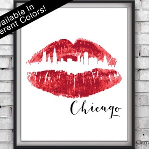 Chicago Skyline, Red Lipsitck Print, Travel Prints, Kiss Art, Makeup Room, Chicago Prints, Office Decor, Bedroom Decor, Instant Download