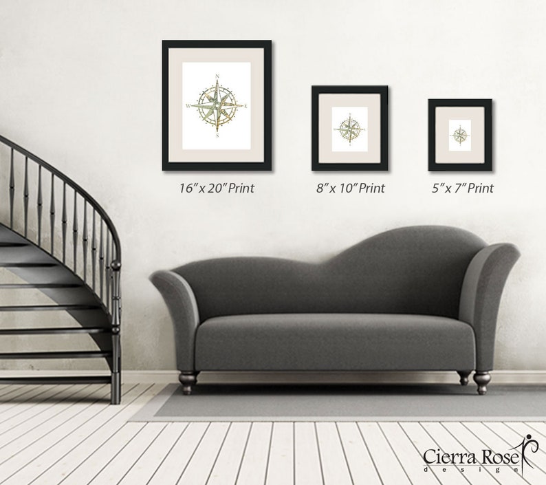 May include: Three framed prints of a compass design in different sizes. The largest print is 16 inches by 20 inches, the middle print is 8 inches by 10 inches, and the smallest print is 5 inches by 7 inches.