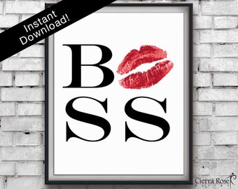 Red Lipstick Boss Print, Boss Office Print, Lipstick Kiss, Lady Boss Print, Business Woman Gifts, Boss, Typography Artwork, Girl Boss Poster