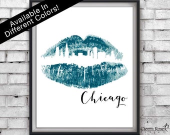 Teal Print, Chicago Skyline, Lipstick Art, Fashion Decor, City Decor, Skyline Prints, Gifts for Her, Teal Print, Instant Download, Art Decor