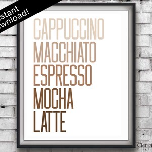 Coffee Types, Typography Poster, Cappuccino, Espresso, Latte, Café Print, Minimalist Art, Kitchen Decor, Brown, Kitchen Prints, Coffee Print