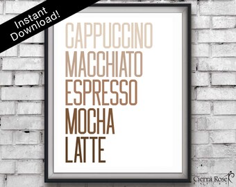 Coffee Types, Typography Poster, Cappuccino, Espresso, Latte, Café Print, Minimalist Art, Kitchen Decor, Brown, Kitchen Prints, Coffee Print