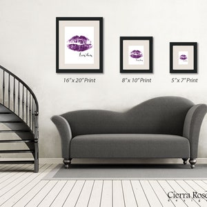 May include: Three framed prints of a purple lip print with the word "London" underneath. The prints are shown in three different sizes: 16x20 inches, 8x10 inches, and 5x7 inches.