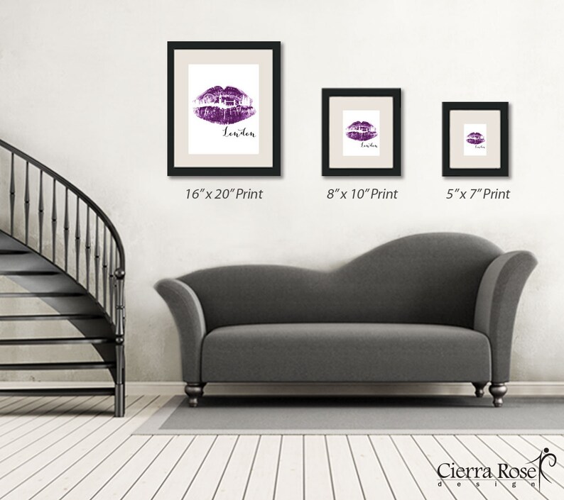 May include: Three framed prints of a purple lip print with the word "London" underneath. The prints are shown in three different sizes: 16x20 inches, 8x10 inches, and 5x7 inches.