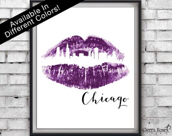 Purple Lipstick, Chicago Skyline, Travel Decor, Illinois Prints, Office Artwork, Lipstick Art, Purple Prints, Wanderlust, Instant Download