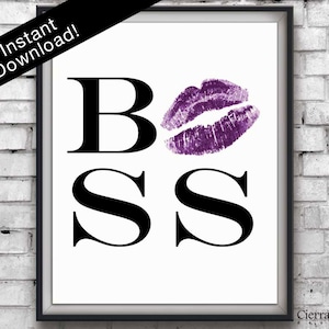 Purple Lipstick Boss Print, Lady Boss Print, Motivational Print, Lipstick Kiss, Office Decor, Boss Quote, Entrepreneur Gift, Fashion Prints