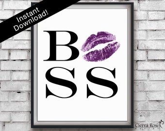 Purple Lipstick Boss Print, Lady Boss Print, Motivational Print, Lipstick Kiss, Office Decor, Boss Quote, Entrepreneur Gift, Fashion Prints