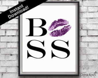 Purple Lipstick Boss Print, Lady Boss Print, Motivational Print, Lipstick Kiss, Office Decor, Boss Quote, Entrepreneur Gift, Fashion Prints