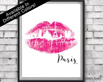 Hot Pink Lipstick Print, Paris Print, Skyline print, Travel Print, Hot Pink Print, Makeup Room, Office Decor, Bedroom Decor, Paris Skyline