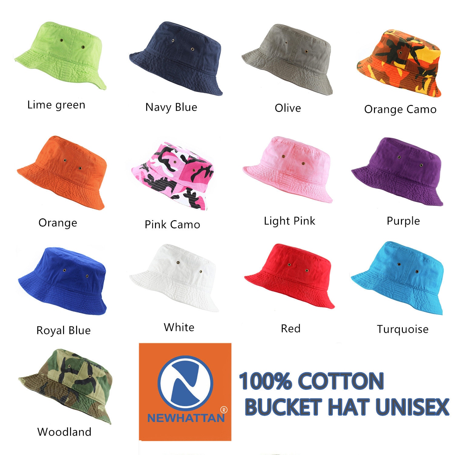 Newhattan Bucket Hats, Unisex, Solid Colors 100% Cotton, Camos