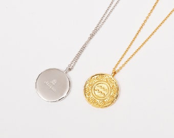 Solid Sterling Silver Aquarius Coin Necklace, Zodiac,  18K gold Plating, Aquarius Necklace