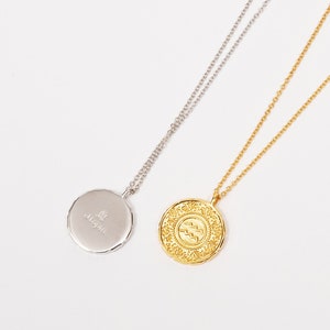 Solid Sterling Silver Aquarius Coin Necklace, Zodiac,  18K gold Plating, Aquarius Necklace