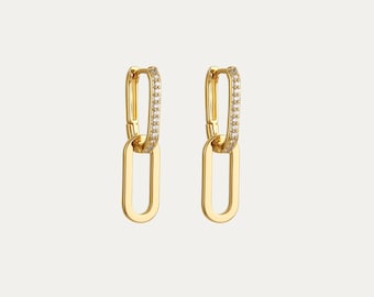 Dangle Link Earrings • Cable Link Earrings with Cubic Zirconia stone •  waterproof