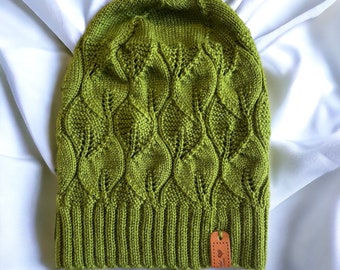 Digital download knitting pattern, unique lace leaf slouchy beanie, Digital and Printable, A4