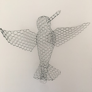May include: A wire sculpture of a hummingbird with outstretched wings. The bird is constructed from dark green wire mesh, with a hexagonal pattern. The sculpture is mounted on a white background, showcasing the bird's delicate form and intricate detail.