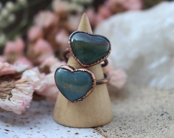 Moss Agate Heart Ring, Copper Plated, Handmade