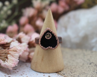 Black Onyx Planchette Ring, Wide-Banded, Copper Plated, Handmade, One Of A Kind