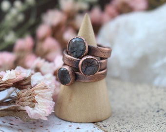 Black Tourmalinated Quartz Rings, Wide-Banded, Copper Plated, Handmade