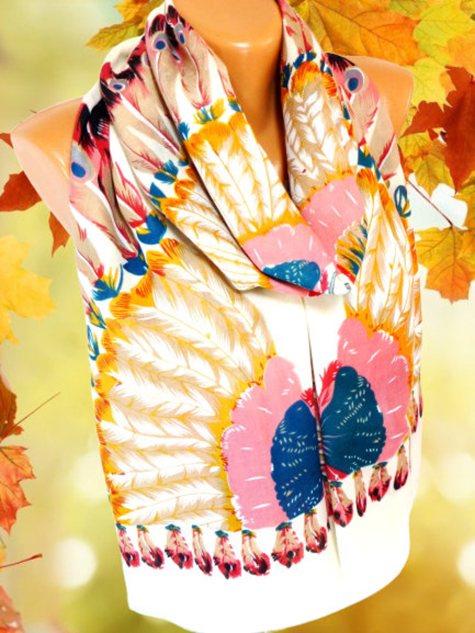 Scarf Shawl Scarves Feather Printed Scarf Peacock Scarf Etsy