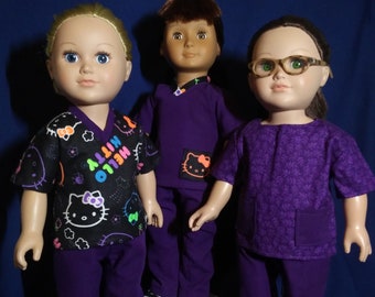 Scrubs or Nurse's Uniform: fits American Girl & 18 in dolls. Purple, Green and Print patterns. Children's play doll clothes