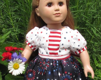 4th of July Stars and Stripes red white & blue dresses fits American Girl dolls and other 18 in dolls. fireworks American Flag doll dress