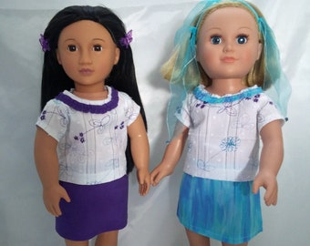 Mini skirt outfits fit American Girl and other 18 inch dolls. Several patterns and fabrics including denim, cotton and knits.