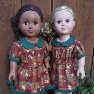 Fall Plaid Doll Dress with Gold Leaves: Fits 18 Inch American Girl Dolls