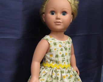 Daisy Sundress fits 18 inch dolls like American Girl, My Life As and Our Generation. Green and white gingham background and white daisies.