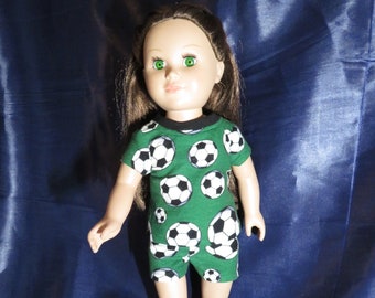 Summer soccer doll pajamas fit 18 inch dolls like American Girl or Boy dolls. Top and shorts in flannel soccer print.