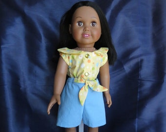 Dress short outfit for American Girl, My Life As, Our Generation or other 18 in dolls. Colorful dots on yellow top; blue shorts with tie