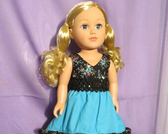 Asymmetrical Summer Tank Dress for American Girl Dolls; black floral bodice with aqua blue skirt. Optional shoes.