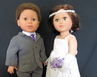 OOAK Wedding Dress ensemble fits American Girl & 18 in dolls. Long train; ribbon bustle; pearl straps w/gloves, hairpiece, and bouquet