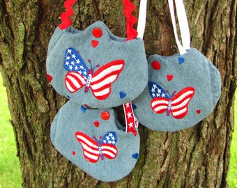 Patriotic Butterfly Denim Purse with snap closure for 18 inch dolls like American Girl. Embroidered butterfly in red, white & blue
